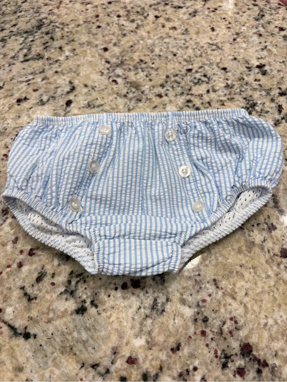 Mudpie blue and white seersucker diaper cover in 6-12 months GUC